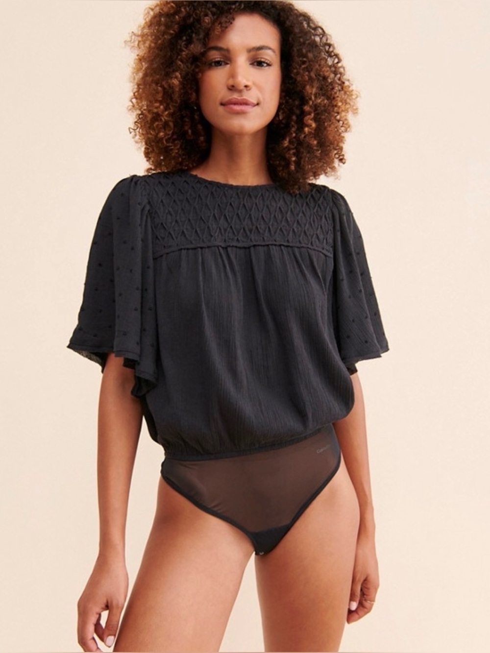 New! Free People Perfect Catch Sz S Dark Gray Women’s Flutter Sleeve Bodysuit